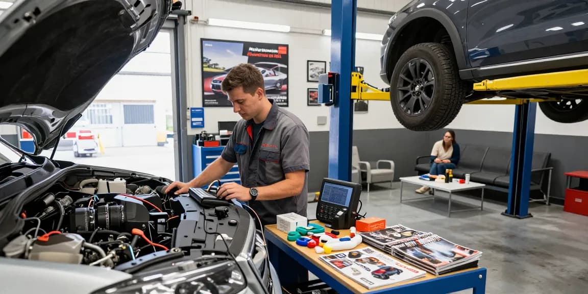 Mediterenien Mecanic Shop UK mechanic diagnosing a car engine, showcasing professional automotive services in an organized garage environment.