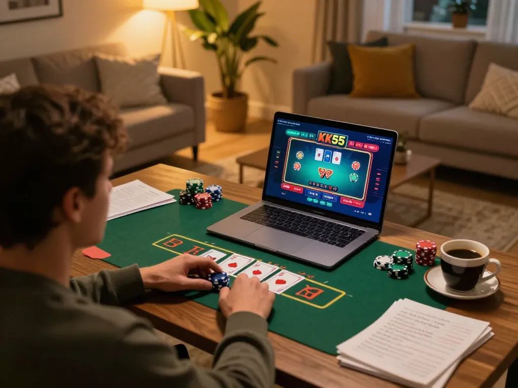 Player enjoying a live blackjack game on KK55, cozy home setup with strategy notes.