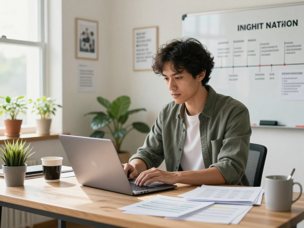 Self-employed individual working diligently in a bright home office, showcasing a well-organized workspace.