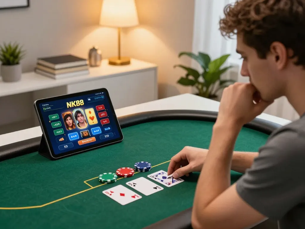 Player engaged in online poker at NK88, deep in strategy with visible tablet interface and cozy home setup.