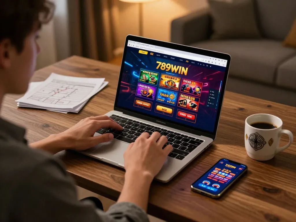 Engaged player enjoying 789WIN online casino gameplay on a stylish laptop at home.