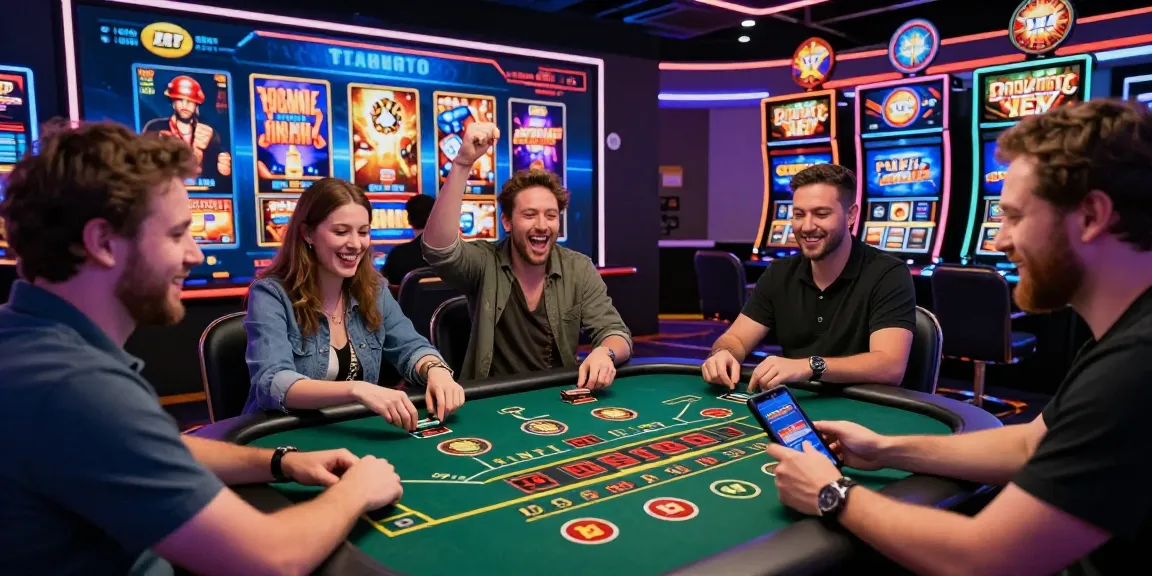 Engaged players enjoying diverse games at non UKGC casinos in a vibrant, lively virtual casino environment.