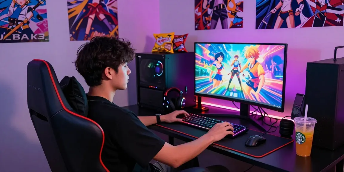 Focused player enjoying a hentai game in a vibrant gaming lounge with colorful anime decor.