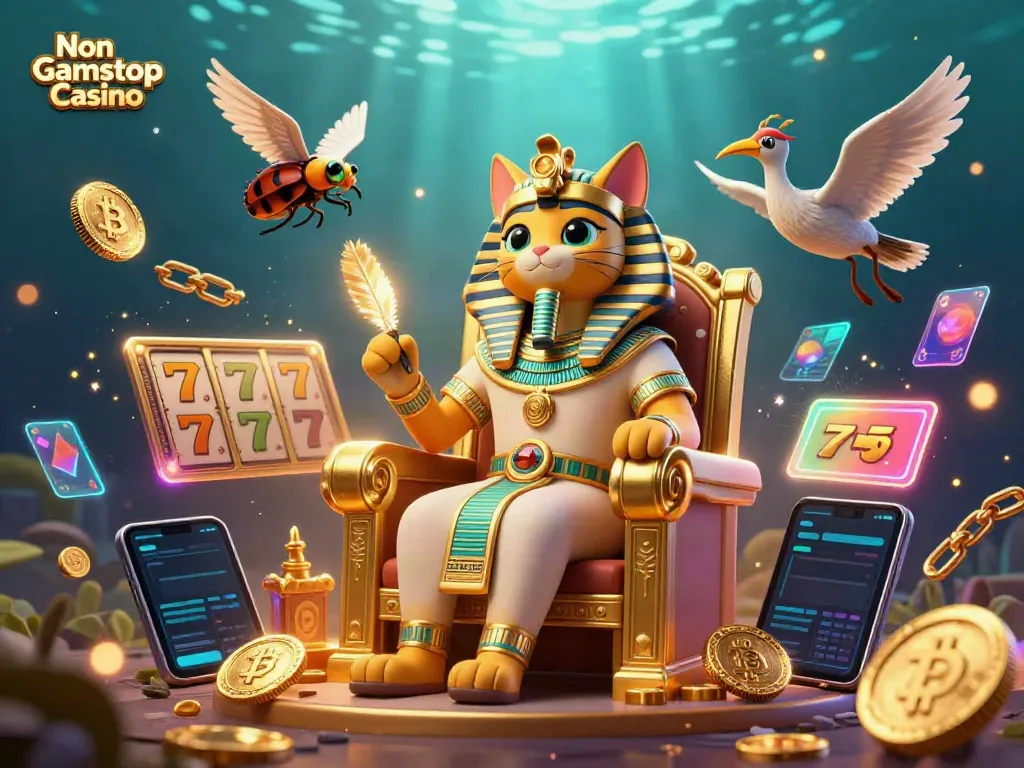 Engage with the grand Non Gamstop Casino scene featuring a pharaoh cat and crypto elements, illustrating online gambling.