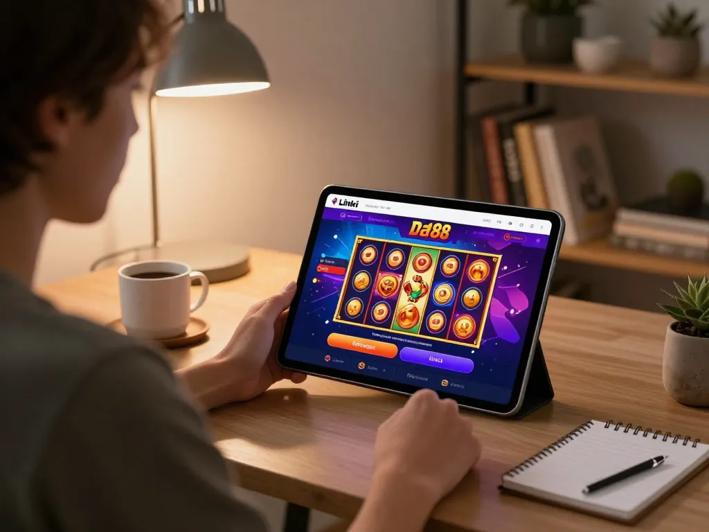 Engaging with the Link mới Da88 casino app, a player enjoys online gaming in a cozy home setting.