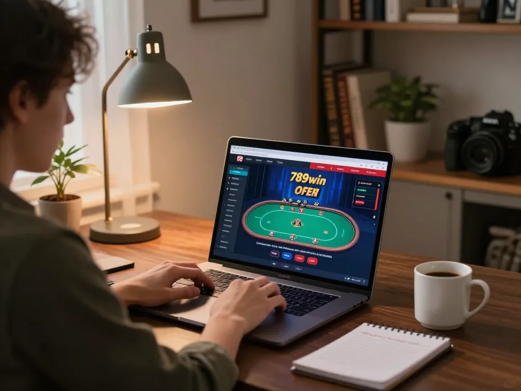 Engaging scene of a player enjoying 789win on a laptop, showcasing strategic gaming in a cozy home office.