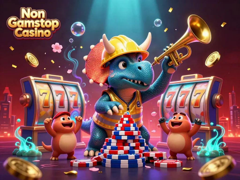 Experience the thrill of a Non Gamstop Casino with a triceratops building poker chips amid a festive scene.