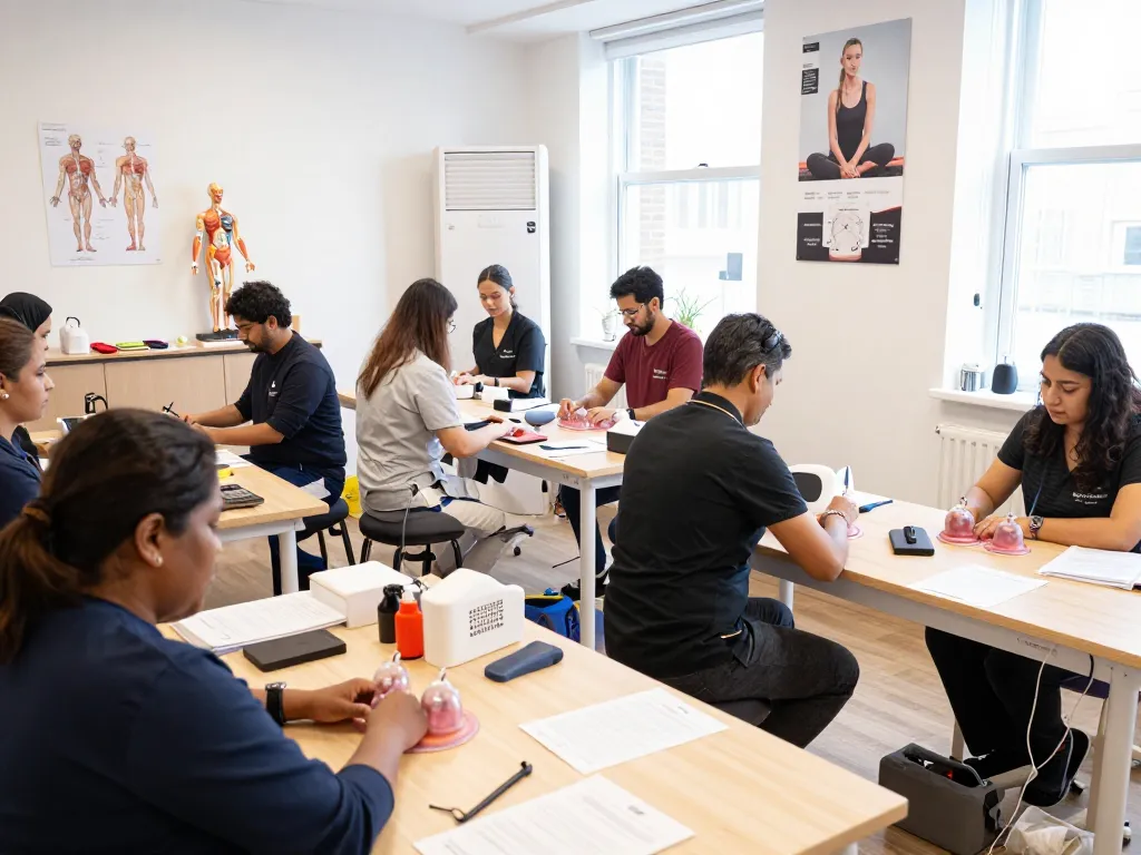 Training session for hijama course London with students learning cupping techniques in a bright studio.