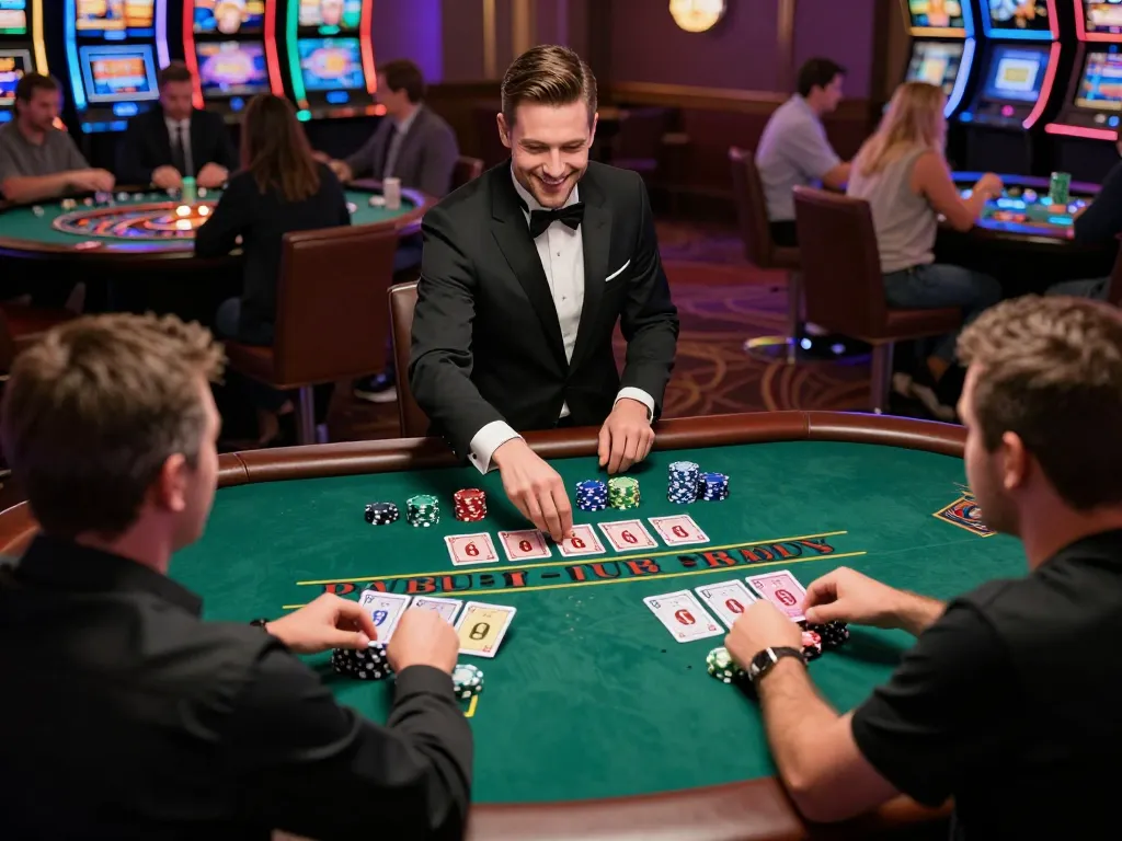 Experience thrilling gameplay at https://xo88tv.com/, engaging in live dealer blackjack with players and dealer at an upscale table.