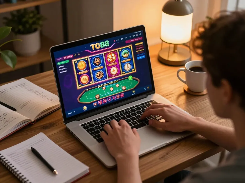 Engaging in online gameplay at TG88 casino, highlighting strategic focus and colorful game interface.