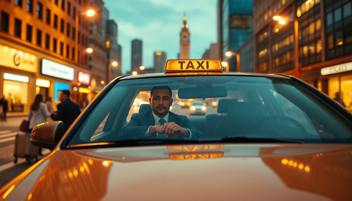 Taxi navigating through a vibrant city street at dusk, showcasing urban life and energy.