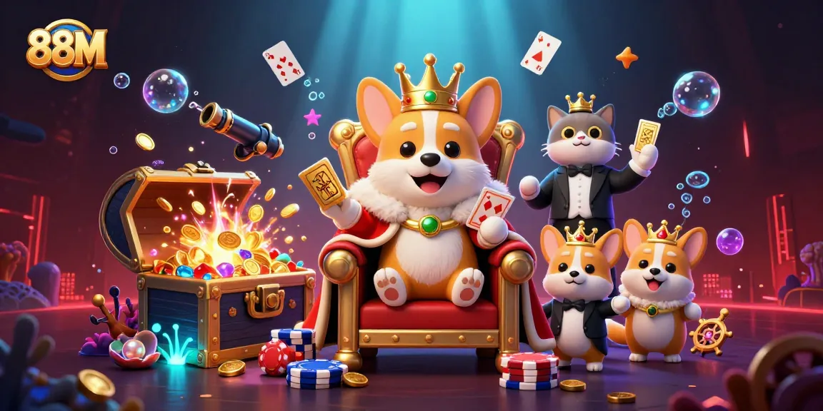 Engage in thrilling casino adventure with 88M in a vibrant underwater treasure scene featuring playful corgis and gaming elements.