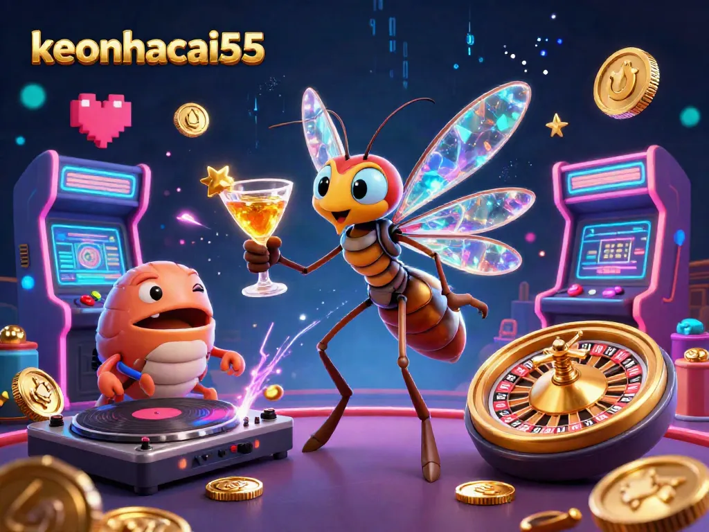 Experience the vibrant casino atmosphere with keonhacai55, featuring lively characters and gaming elements.