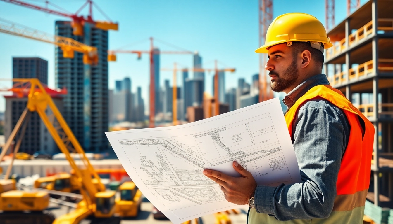 New Jersey Construction Manager leads a vibrant construction site with blueprints and machinery.