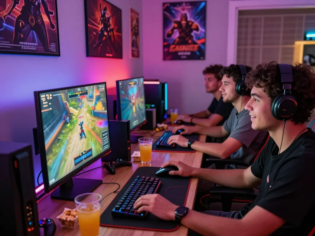 An engaging online gaming scene showcasing how max79 enthusiasts enjoy competitive gameplay with friends around a gaming desk.