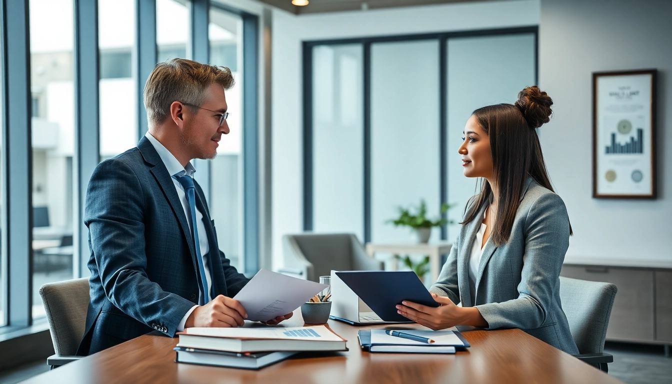 Business lawyer in the US consulting with diverse clients in a modern office setting.