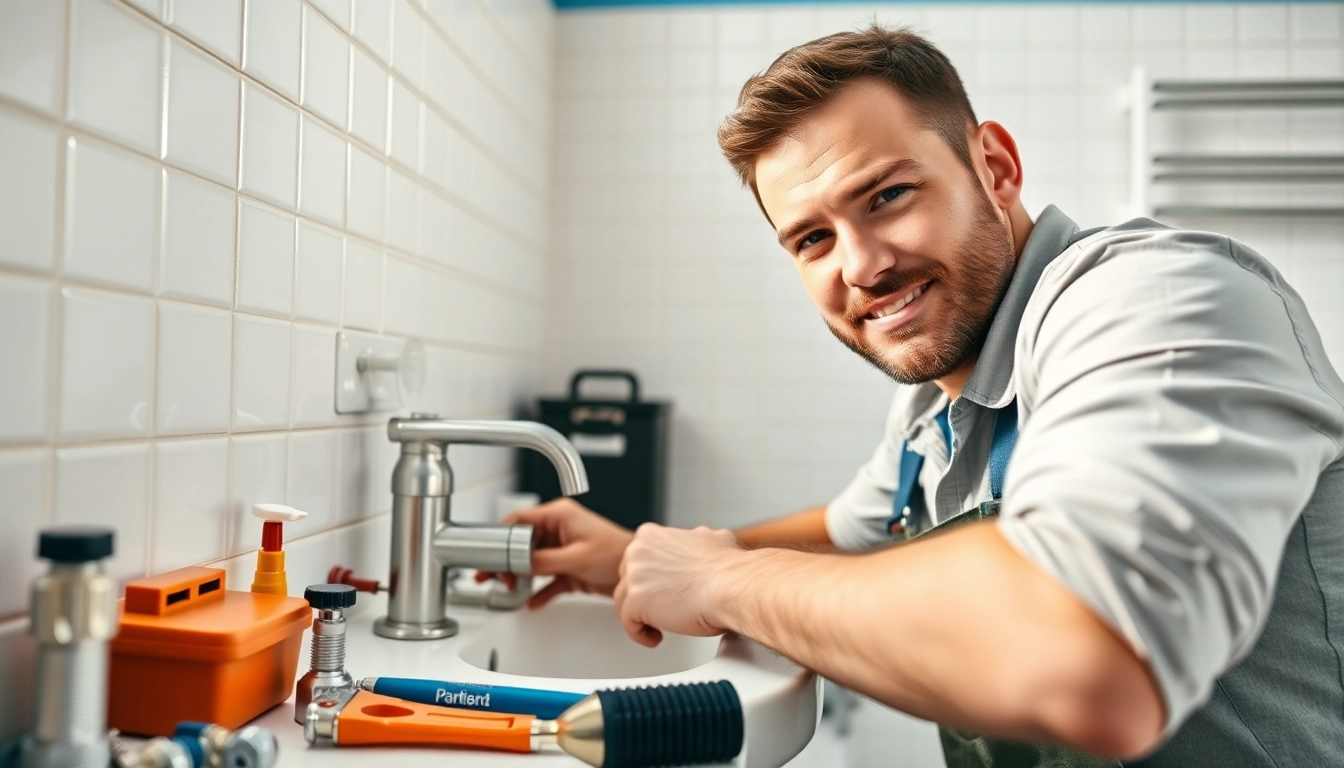 Reliable plumber near me fixing a sink in a beautifully lit bathroom.