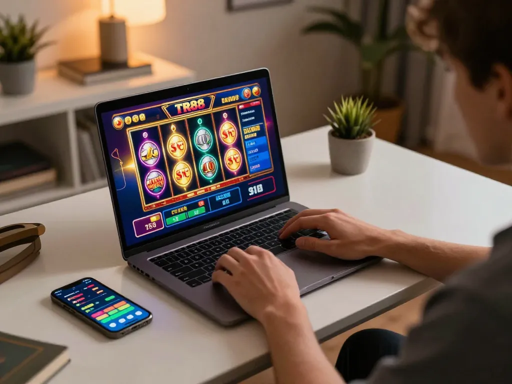 Player enjoying TR88 online casino gaming on laptop, vibrant slots interface visible, cozy ambiance