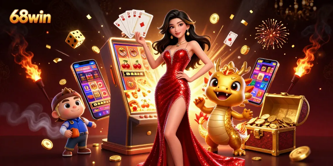 Win big at 68win with exciting slots and casino games in a vibrant, lively illustration.