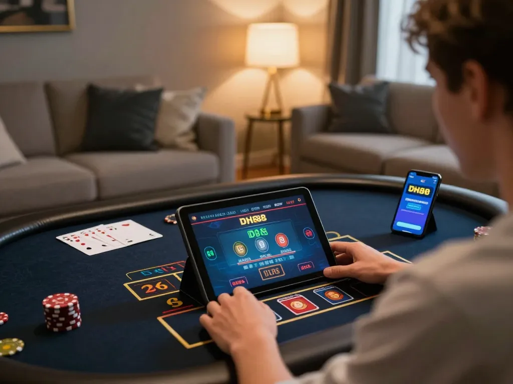 Play at DH88, engaging with an online casino game on a tablet in a cozy home setting.
