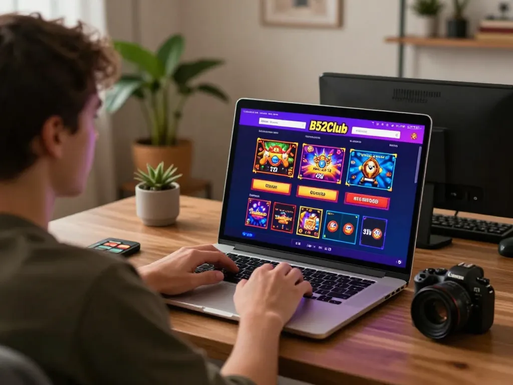 Cổng game B52Club showcased through a player engaging in online gaming on a laptop, highlighting a modern and inviting atmosphere for strategic gameplay.