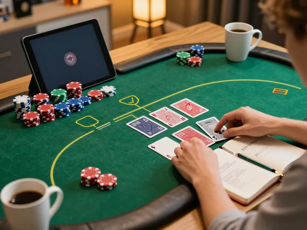 Player engaging with f8bet poker game on a tablet, showcasing strategic gameplay and responsible gambling approach.