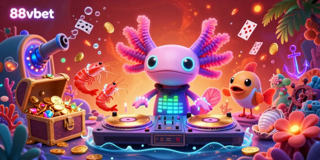 Experience the thrill of 88vbet with a neon axolotl DJ in a vibrant underwater casino scene.