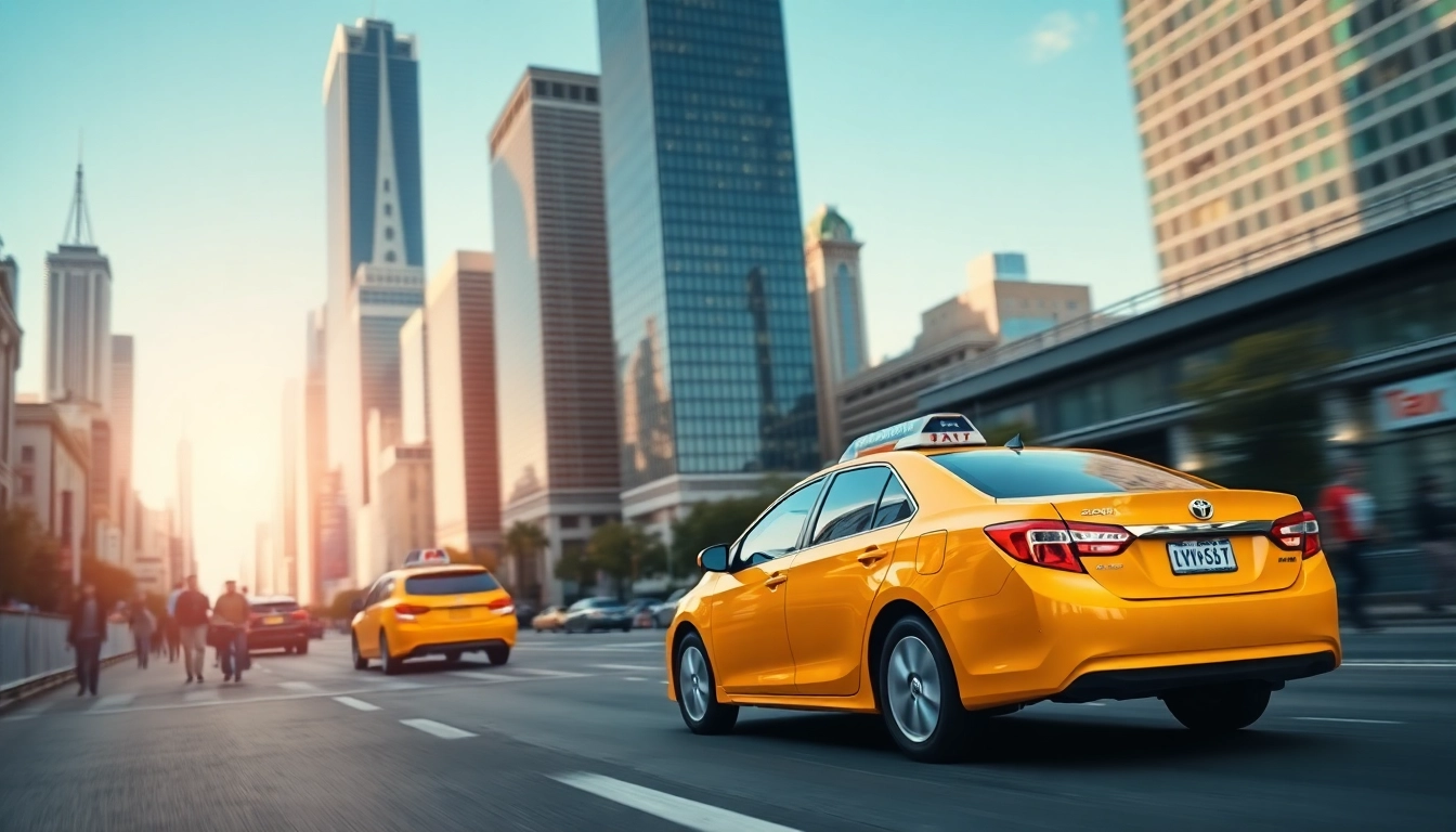 Taxi speeding through a vibrant city street, showcasing urban energy and excitement.