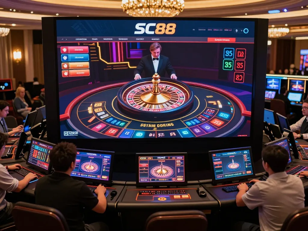 Engaged players enjoying SC88 casino games on multiple devices, dynamic roulette gameplay.