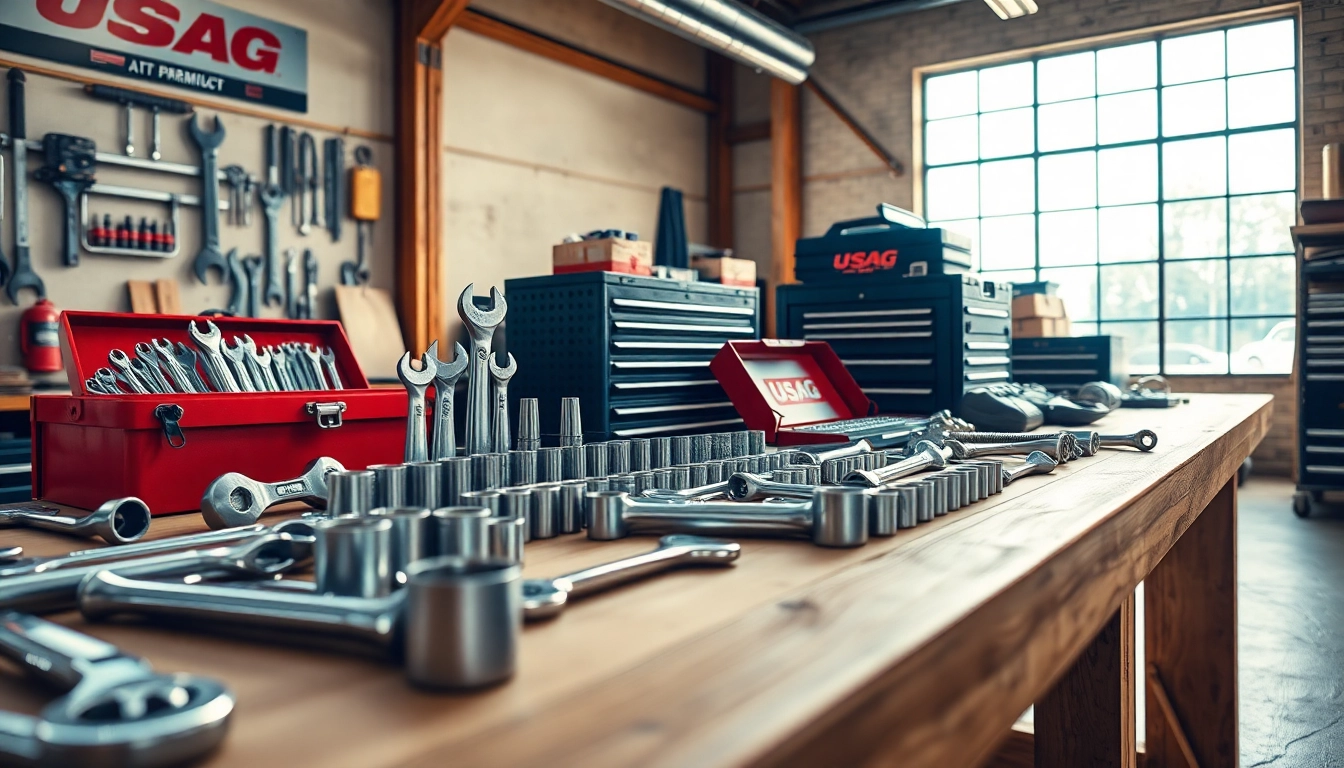 USAG tools collection including wrenches and socket sets on a wooden workbench, showcasing quality craftsmanship.
