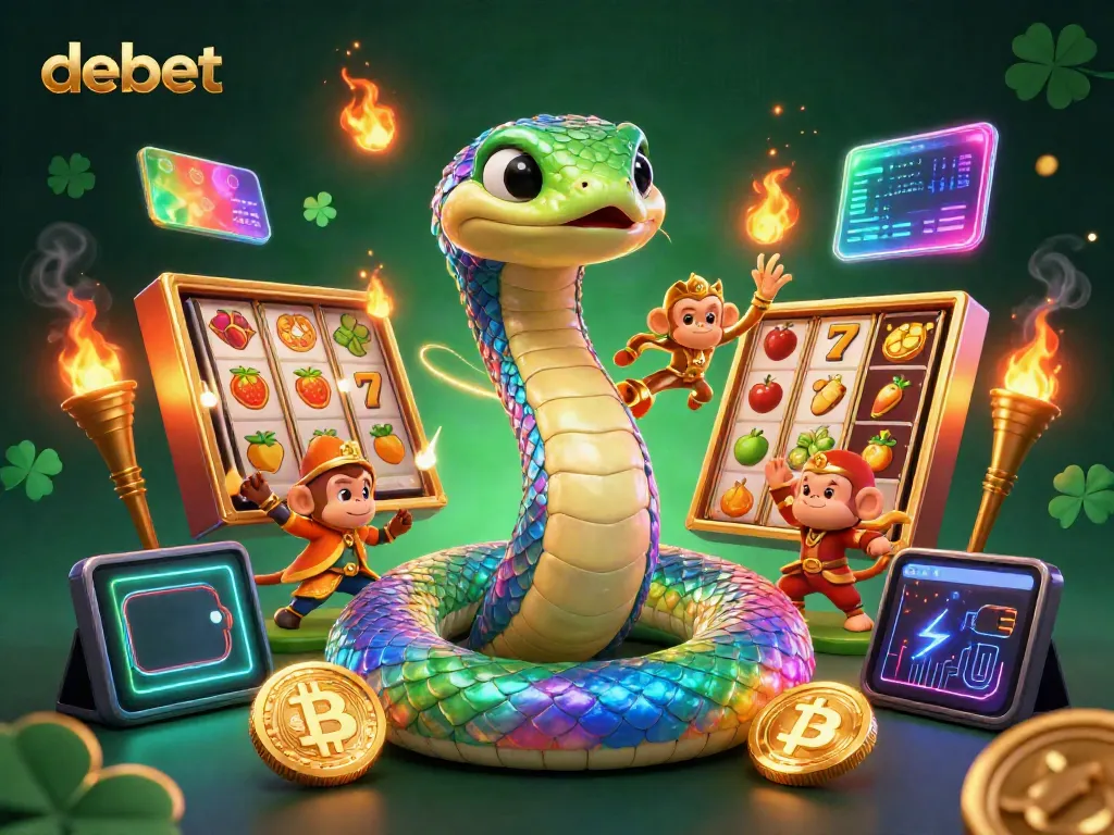 Experience the colorful and vibrant debet gaming world with a lively 3D illustration of a rainbow serpent and monkey king.