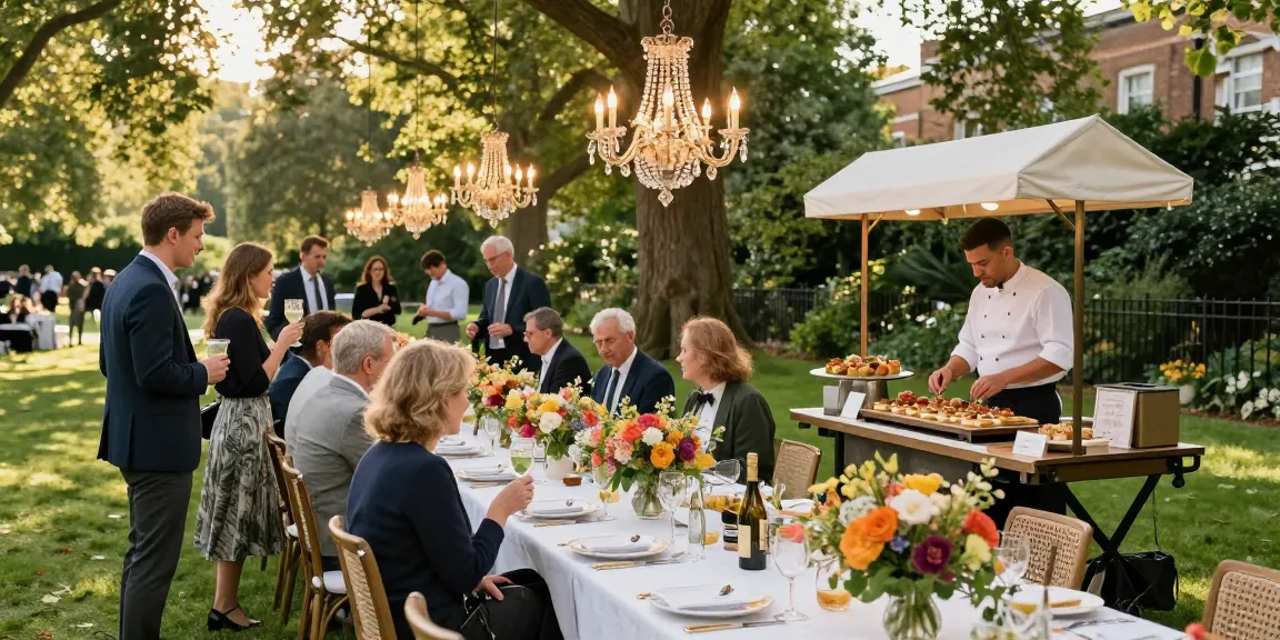Catering Hire London setup with elegant banquet table in a London park.