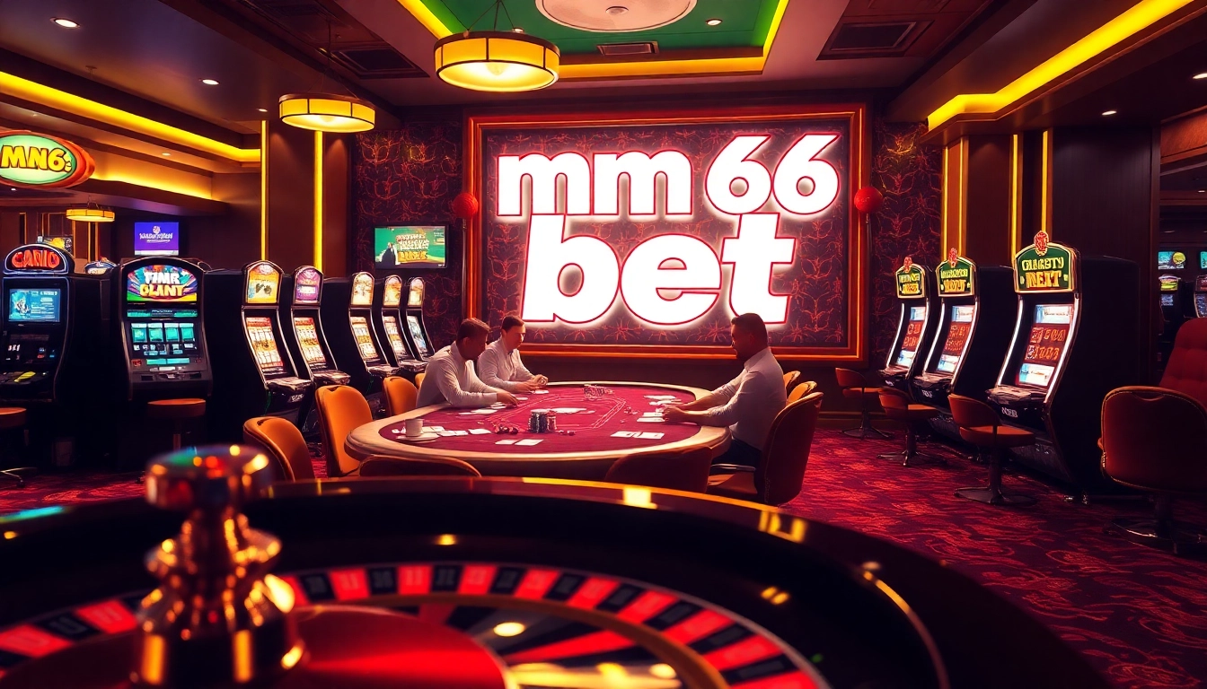 Excited players at a poker table enjoying mm66 bet's casino experience with vibrant slot machines.
