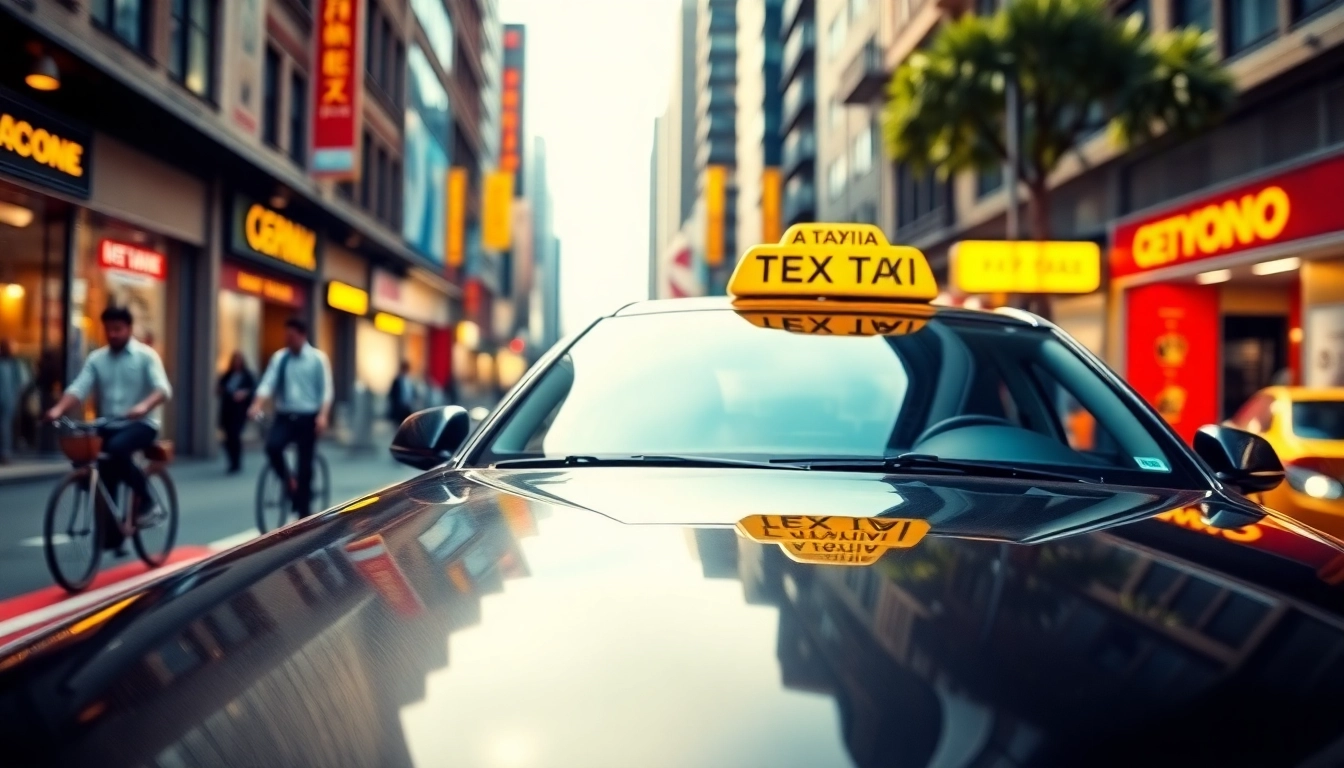 Taxi driving through a busy city, showcasing urban life and vibrant surroundings.