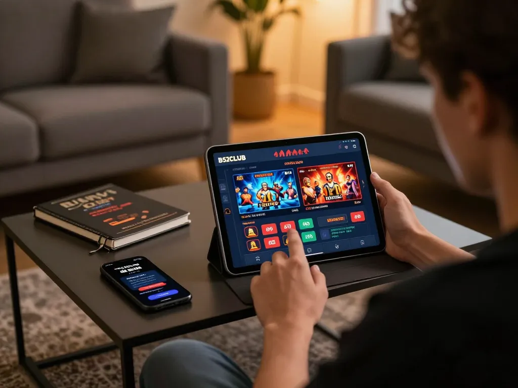 b52clubc gaming enthusiast analyzing live dealer statistics on a tablet in a cozy home setting