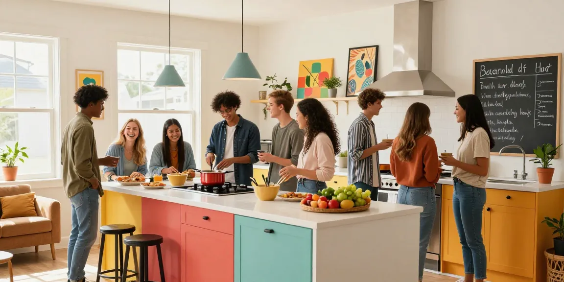 Student housing Northampton communal kitchen with diverse students cooking together, bright modern decor.