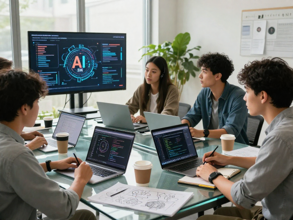 Group of AI enthusiasts collaborating on trends, showcasing creative energy around AI concepts.