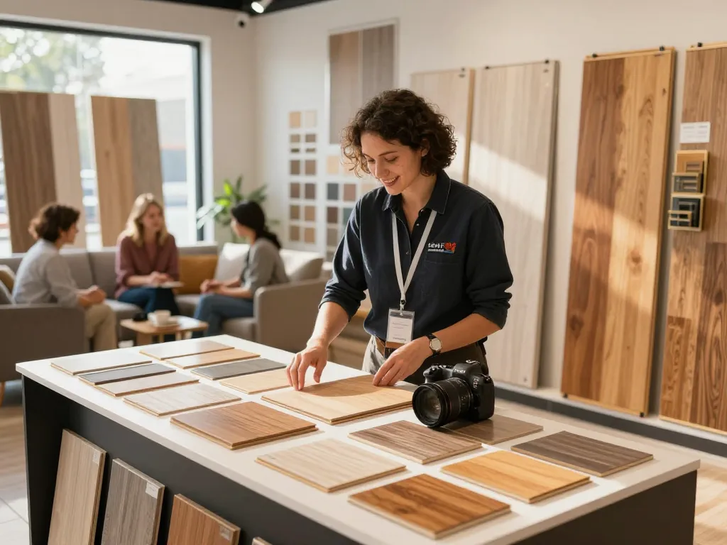 Flooring specialists near me demonstrating various flooring options in a modern showroom.