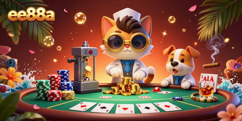 EE88A showcases vibrant casino action with a cartoon cat and dog, golden bubbles, poker elements.
