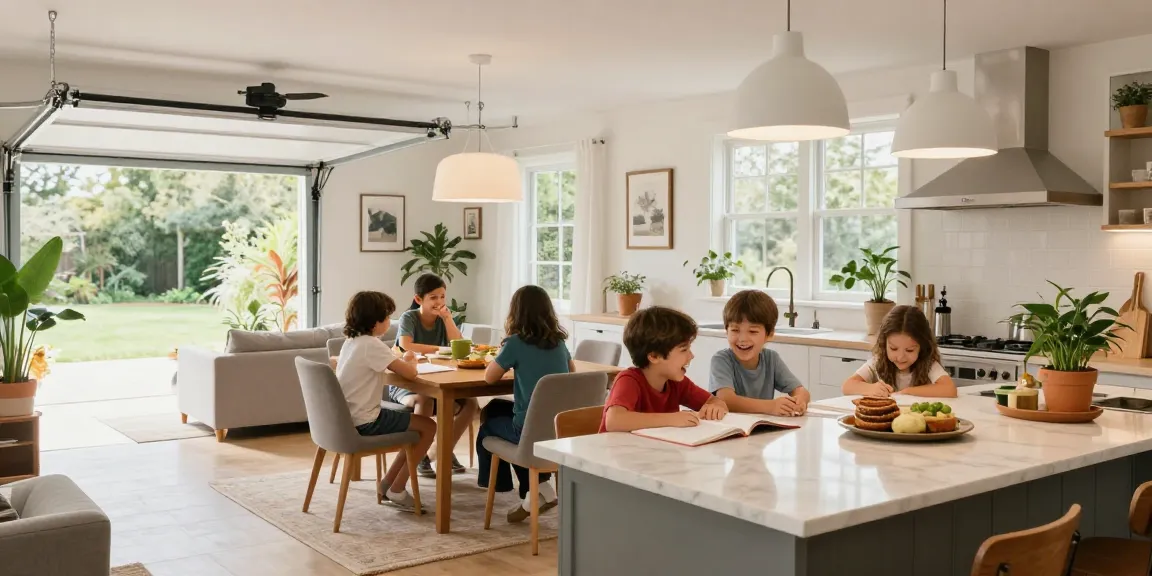 Garage conversions create inviting kitchen-diner spaces for family gatherings.