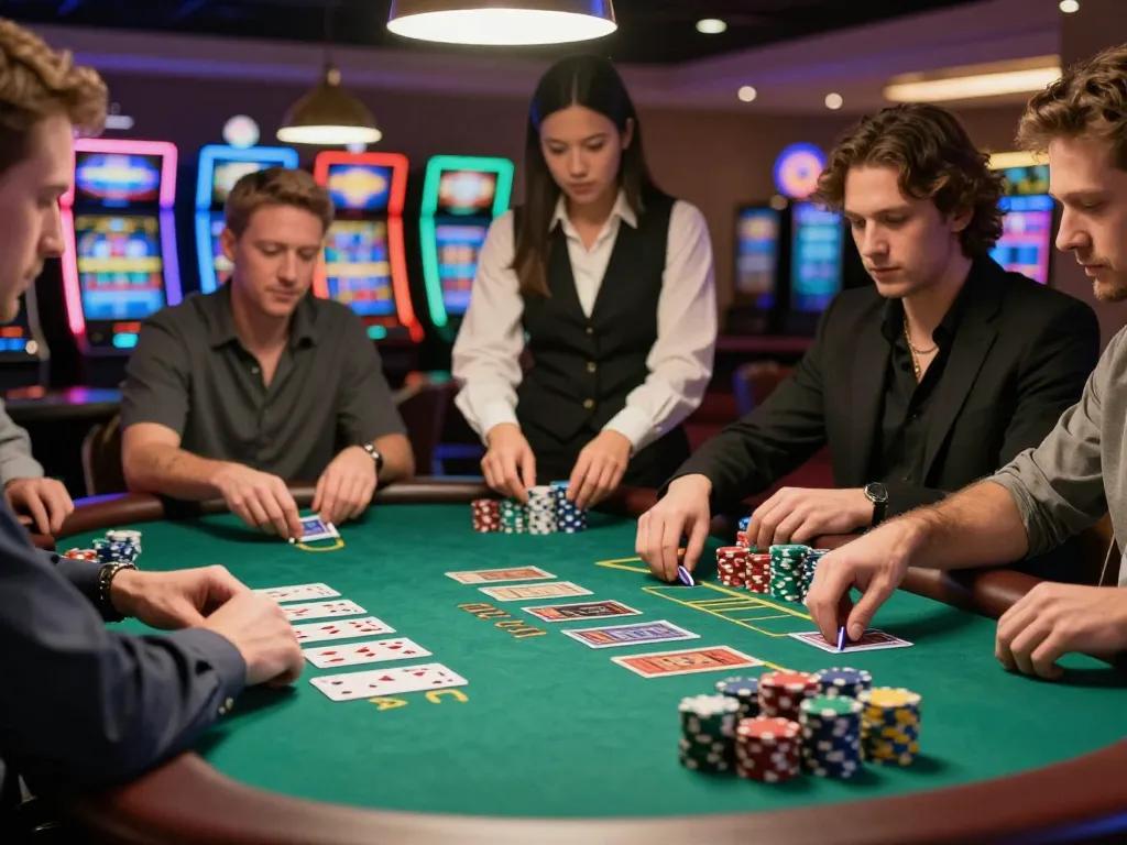 Action at the blackjack table featuring 789win players placing bets amid competitive atmosphere.