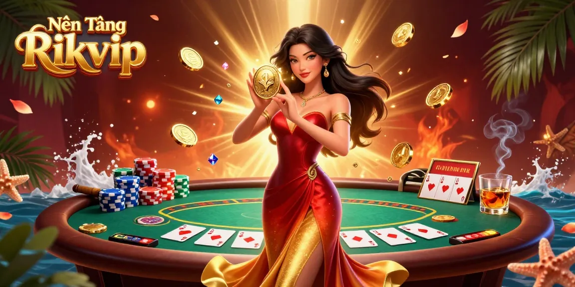 Experience the excitement of Nền Tảng Rikvip with a stunning Asian woman celebrating a win amid poker chips and coins.