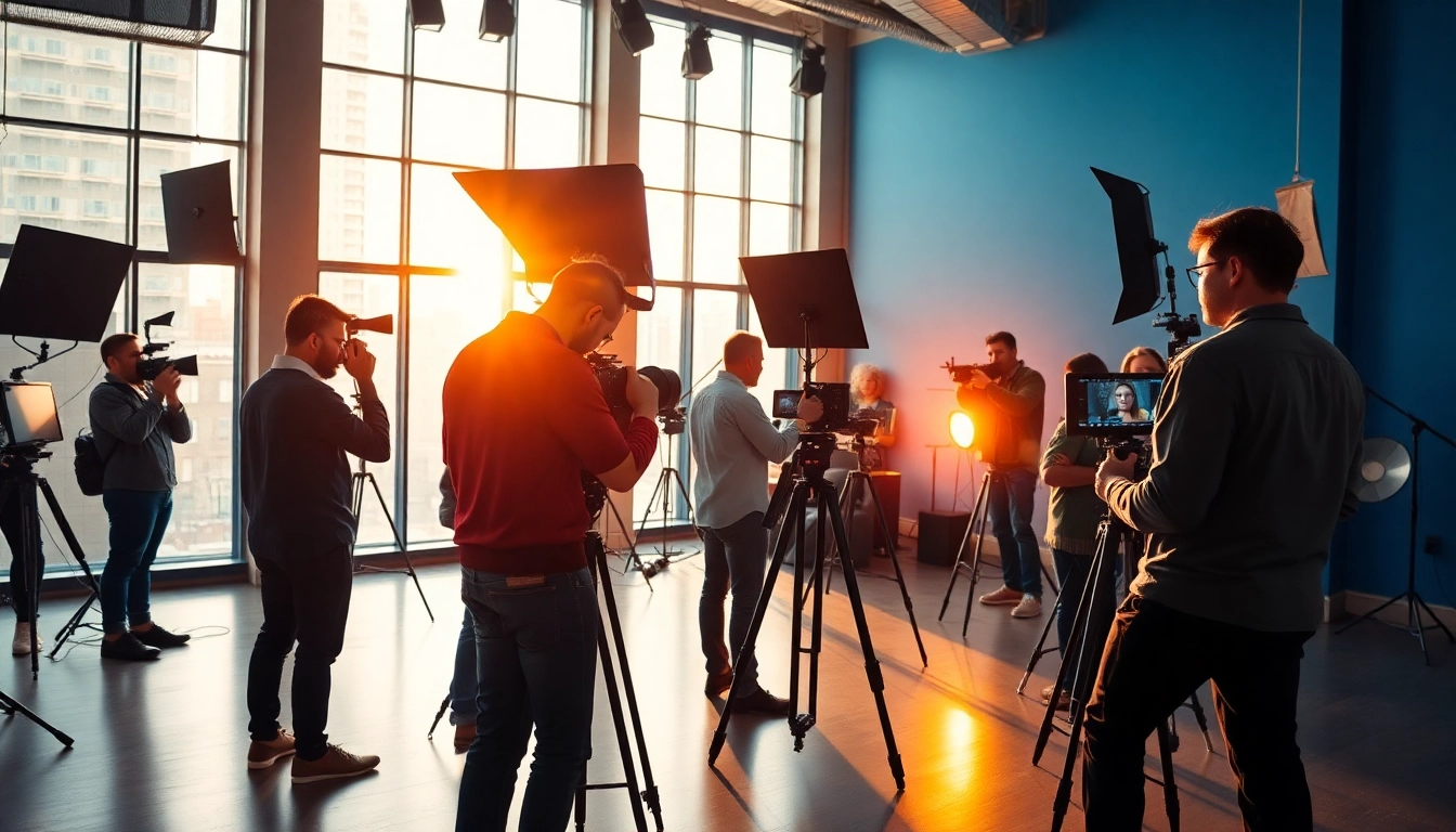 Video production agency in a vibrant studio with a dynamic crew working on a project.