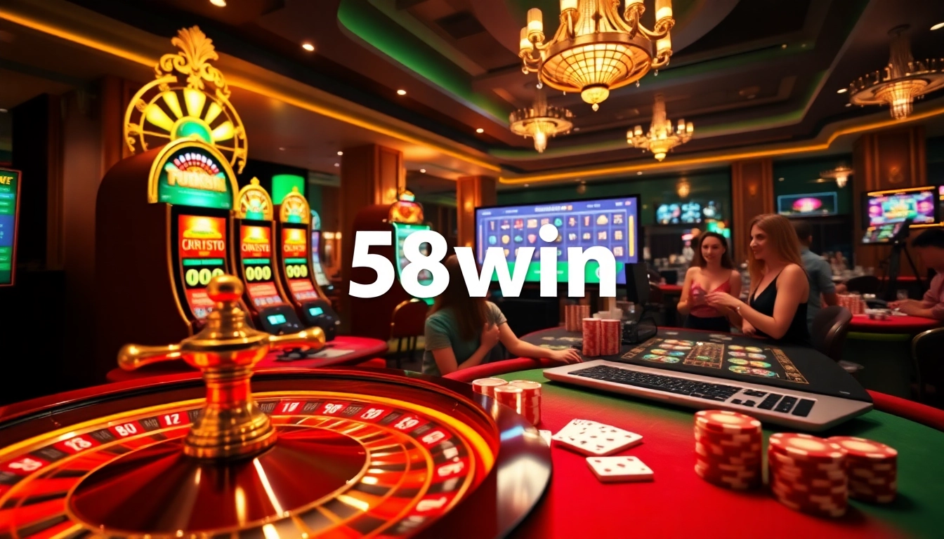 Experience the excitement of 58win at a luxurious online casino with vibrant slot machines and poker tables.