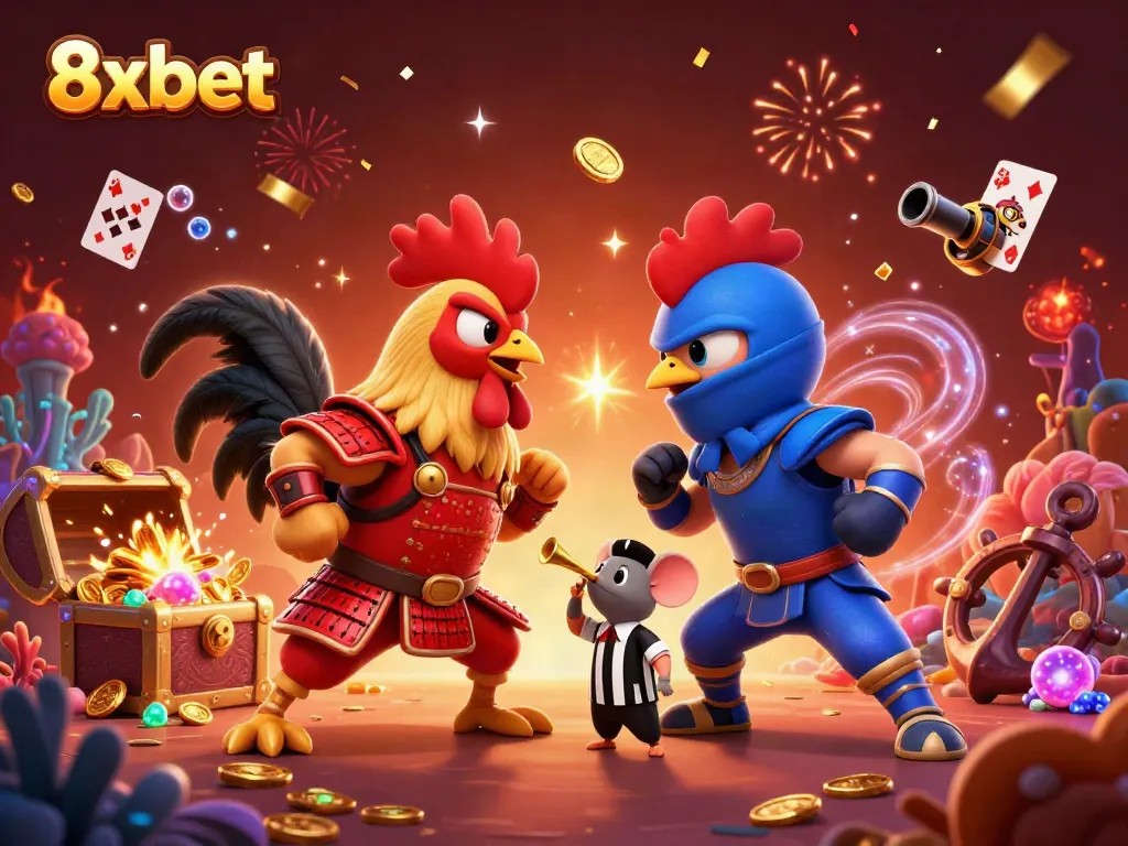 Experience an action-packed standoff in 8xbet with colorful roosters, treasure, and gaming elements.