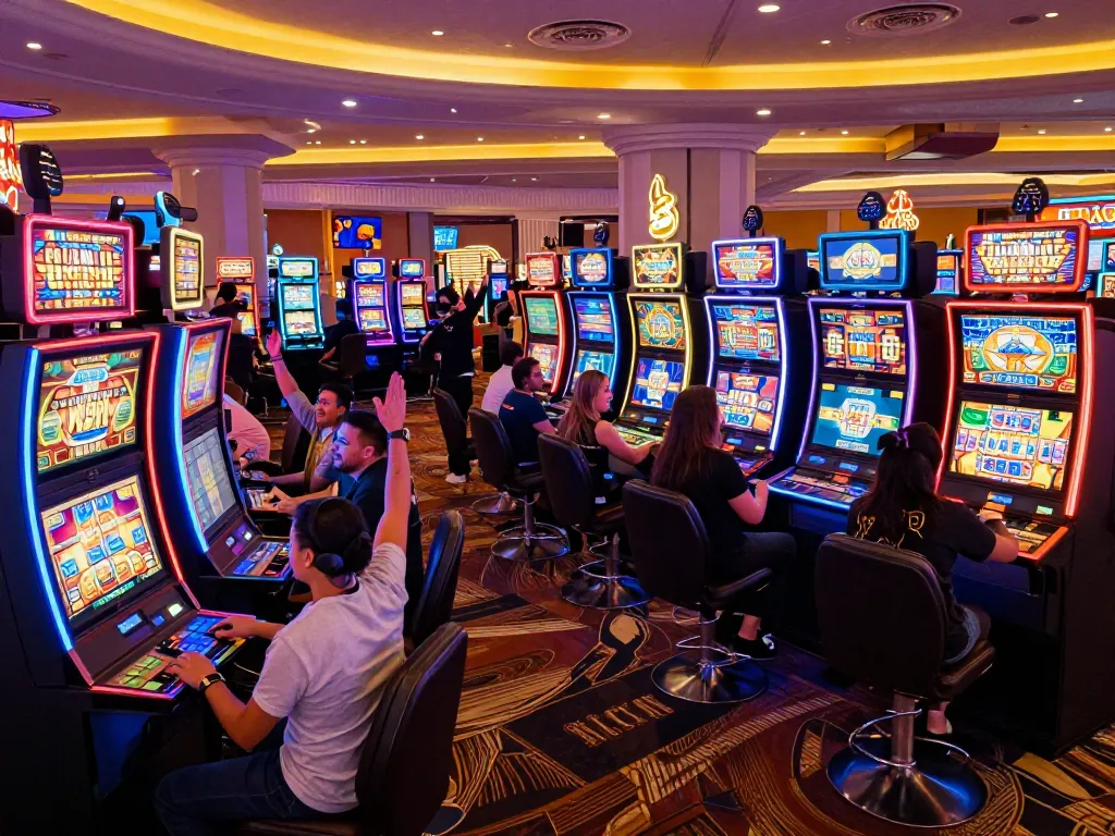 Players celebrating wins at hit club slot machines in a vibrant Las Vegas casino.