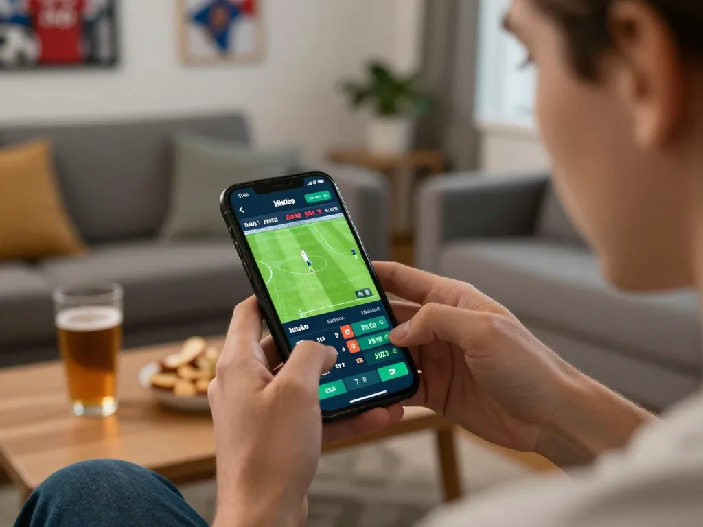 Person placing live bets on SHBET app during an exciting football match at home