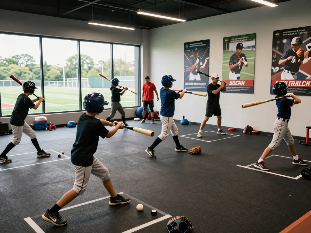 hitclub baseball training session with young athletes practicing hitting techniques in a modern facility