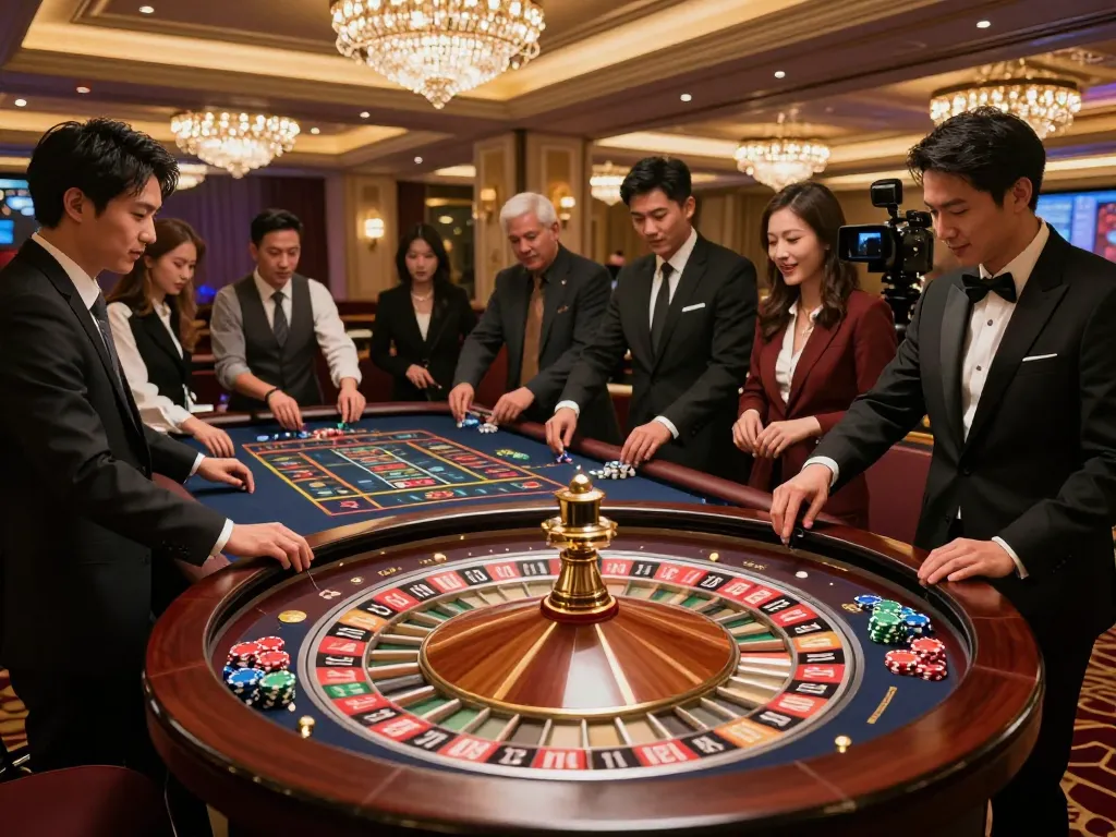 Experience live bets on 79win at an upscale roulette table in an elegant casino.