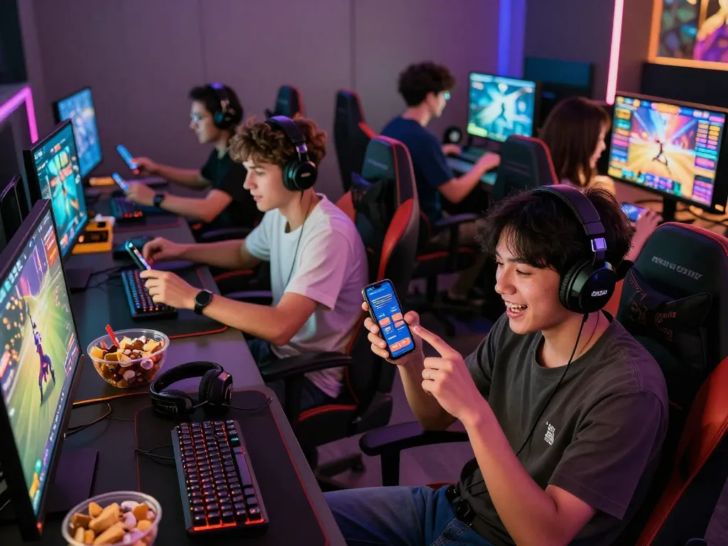 Excited players showcasing G88 Club app in vibrant gaming room, highlighting online gaming culture.